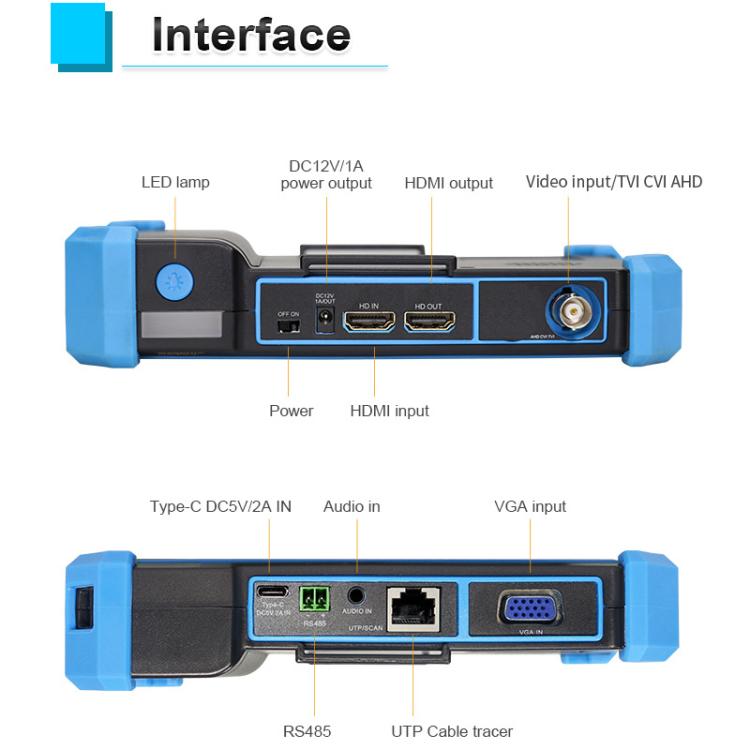 Blue-and-black 5-in-1 coaxial video tester with HDMI, VGA and audio ports