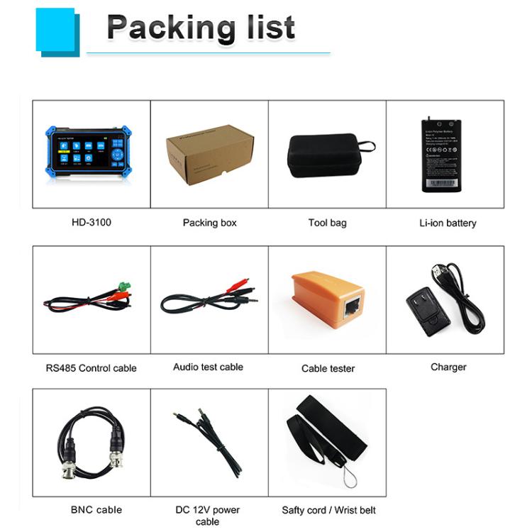Packaging contents: tool bag, battery, charger, power cable, control cable, BNC cables