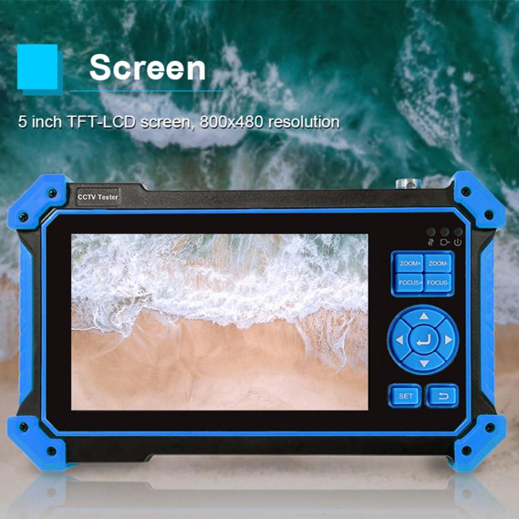 5-inch TFT-LCD screen on blue CCTV tester enclosure showing live video