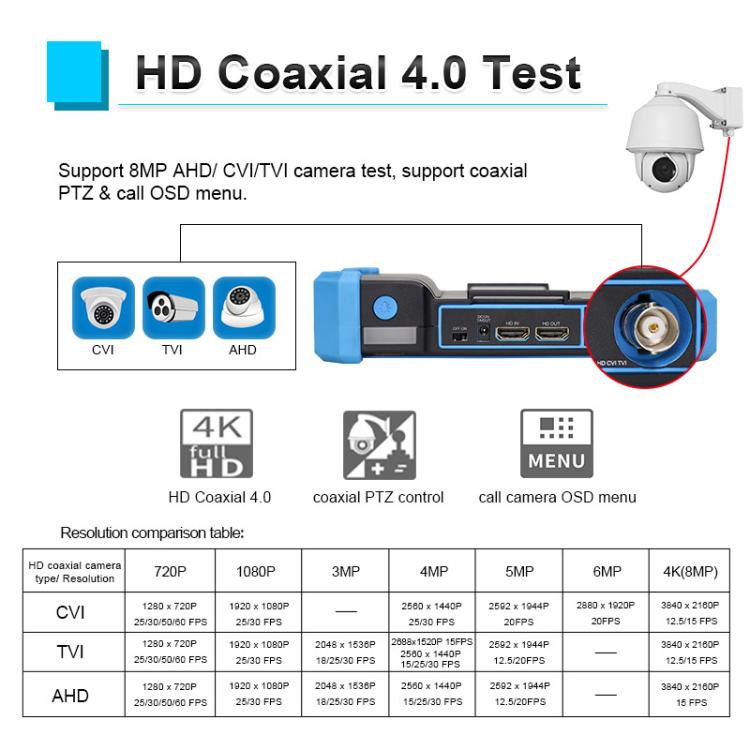 HD coaxial 4.0 tester with PTZ/call OSD controls and coaxial input port