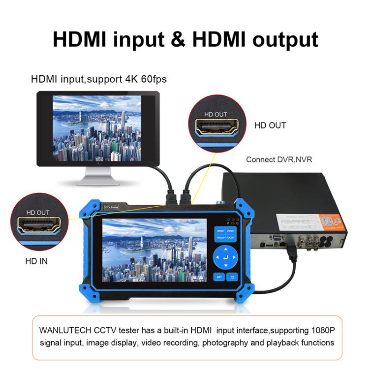 HDMI input and output CCTV tester with blue handheld display and connection ports