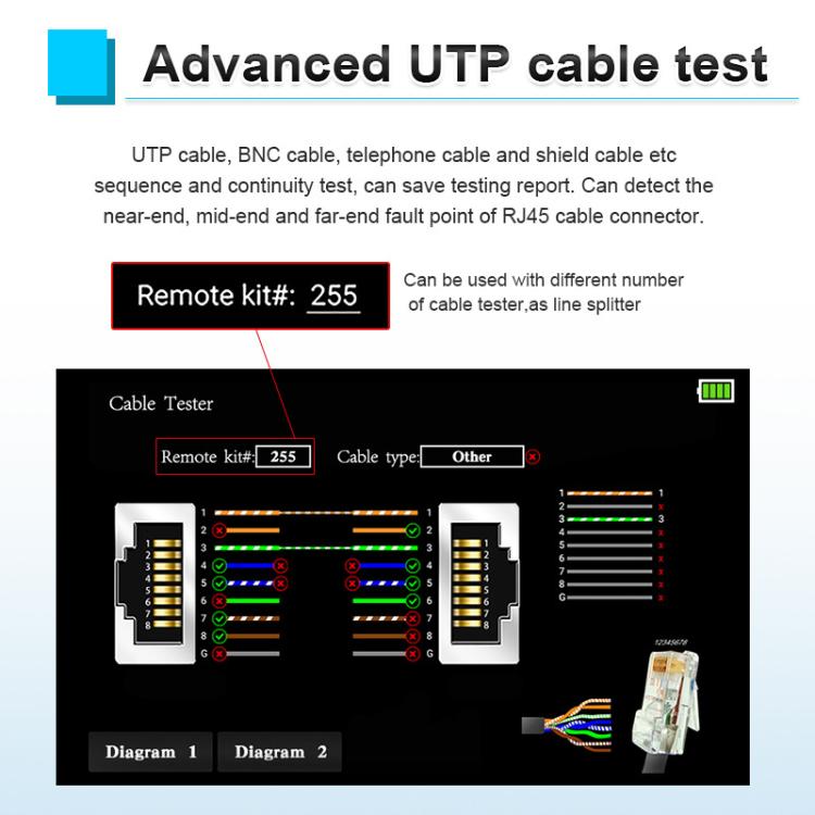 UTP cable tester interface on device screen with test result diagrams