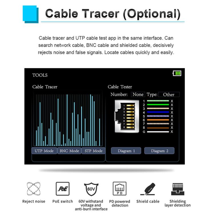 Optional cable tracer interface on device screen with tool mode controls