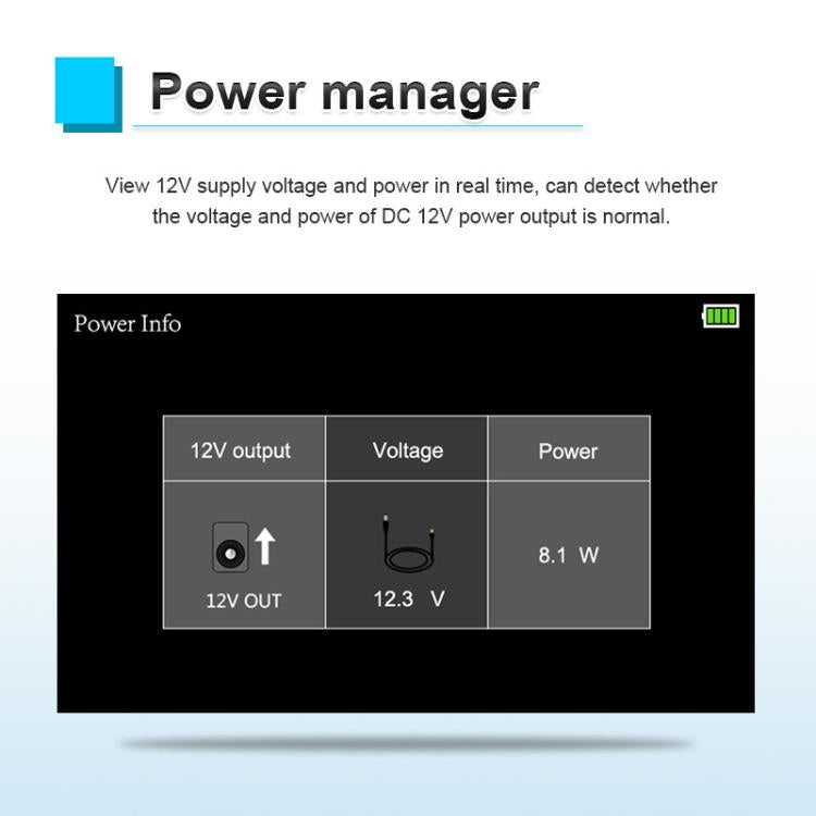 Power manager display panel on tester showing 12V output voltage and power