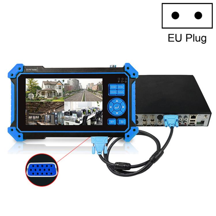 EU plug 5-in-1 coaxial video tester with screen and connector ports, blue end handles