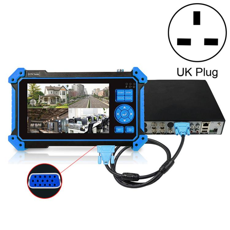 UK plug 5-in-1 coaxial video tester with screen and connector ports, blue end handles