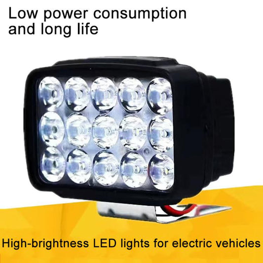 Black rectangular LED driving headlight showing front LED lens array and red/black wires