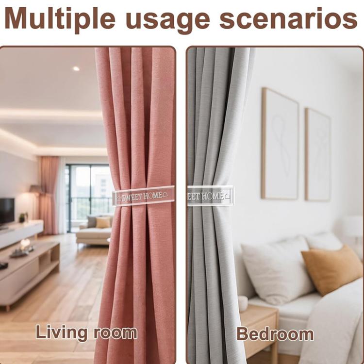 Clear acrylic curtain tieback holder clips securing curtains in living room and bedroom