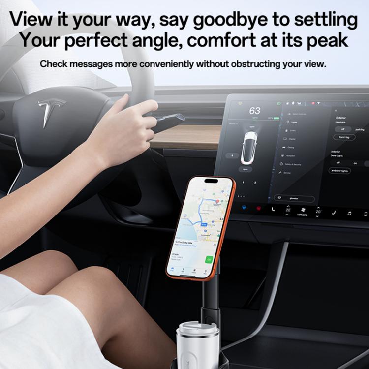 Black magnetic phone holder with cup base, holding a smartphone in dashboard view.