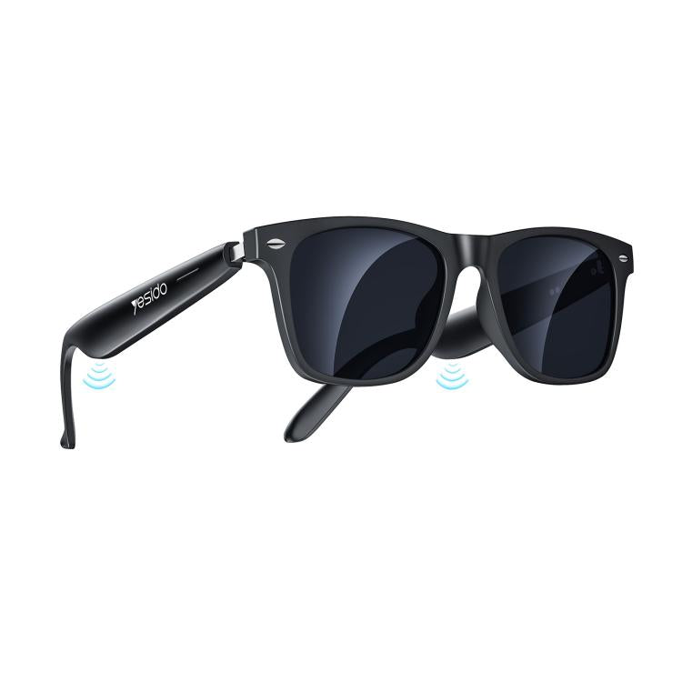Yesido IO38 black smart sunglasses with dark lenses and audio speakers in the temples
