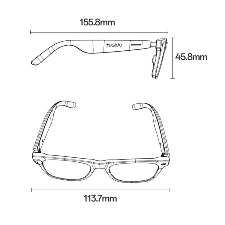 Yesido smart audio glasses shown in front and side views with dimensions