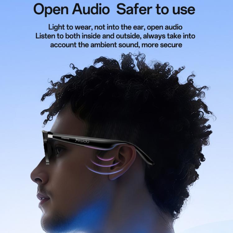 Yesido IO38 black audio sunglasses worn in profile, with open-ear sound directed toward the ear