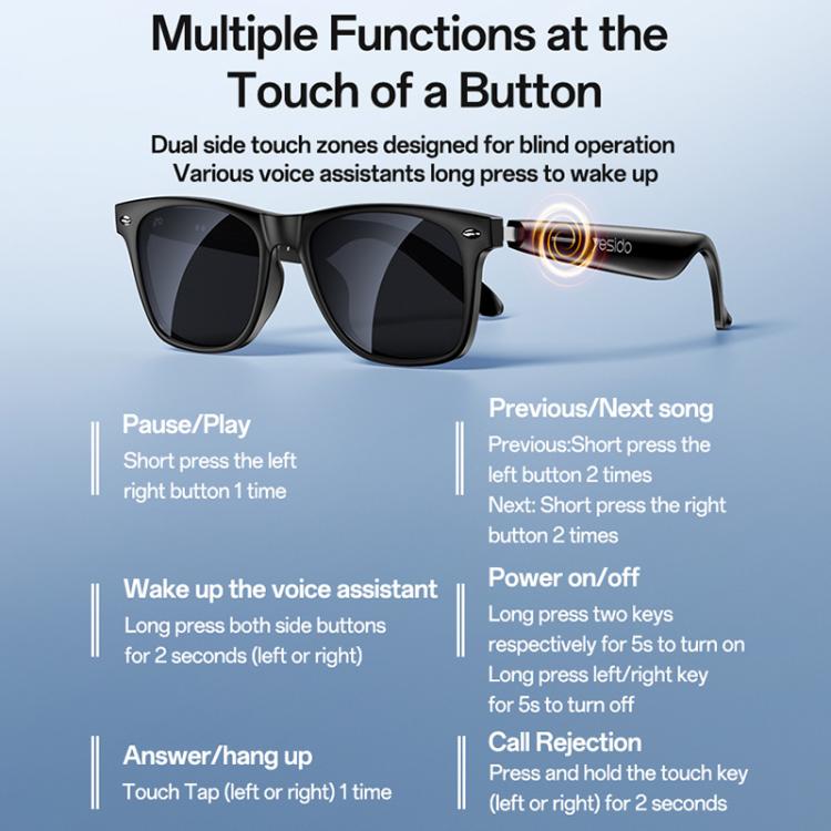 Yesido IO38 black audio sunglasses with touch-control temple and dark lenses