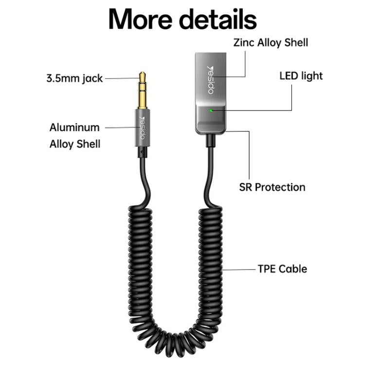 Yesido YAU82 car AUX audio adapter with 3.5mm gold plug, LED, coiled cable
