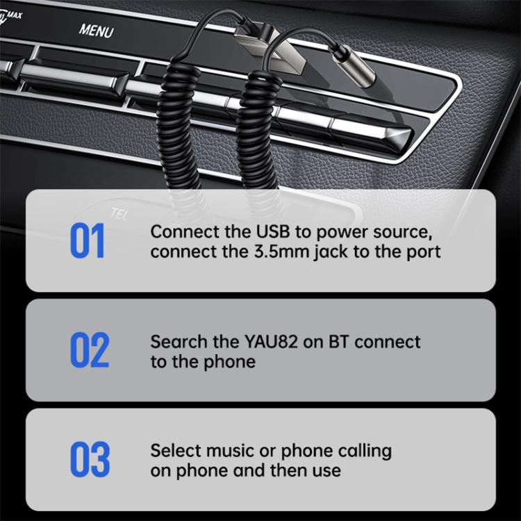 Yesido YAU82 Bluetooth AUX adapter connected on car dashboard with spring cord