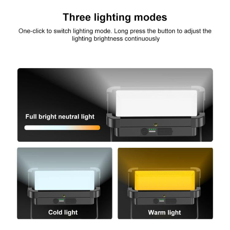 Outdoor LED floodlight showing three lighting modes: neutral, cool, and warm light