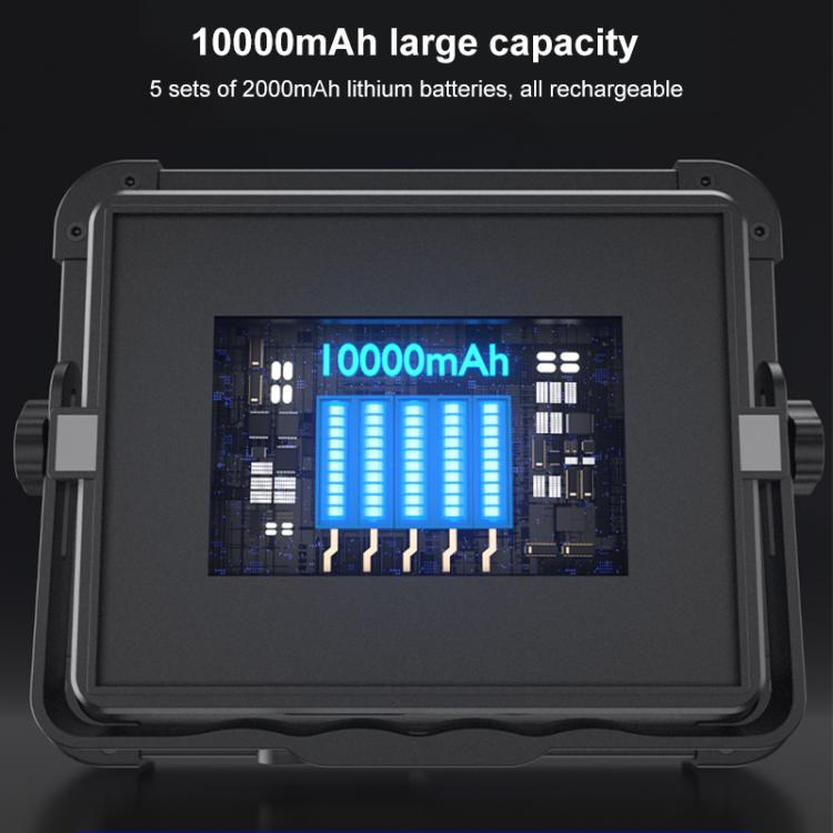 Outdoor floodlight emergency light with rear battery indicator labeled 10000mAh