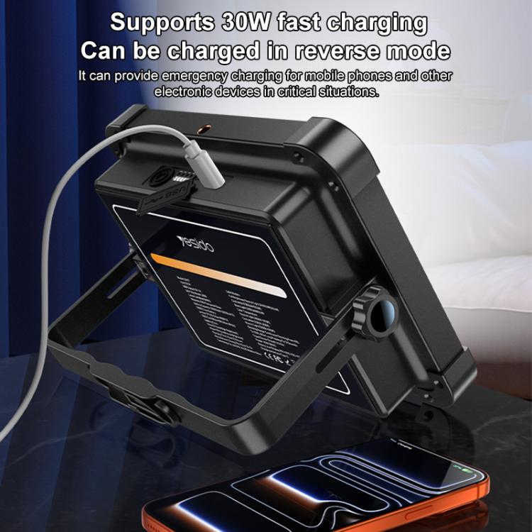 Outdoor LED floodlight with fast-charging cable connected and power interface on body