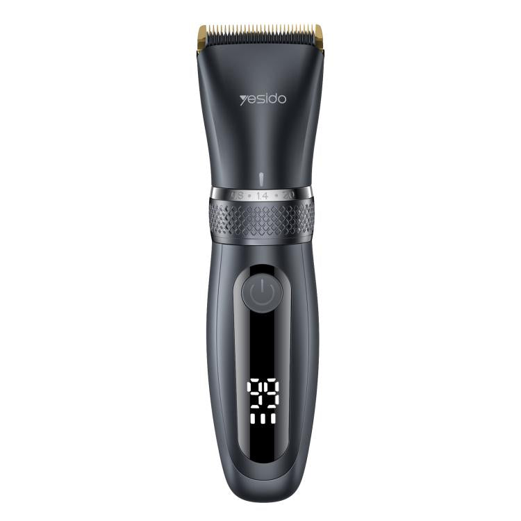 Black cordless hair clipper with gold trimmer blade and power button.