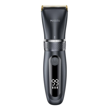 Black cordless hair clipper with gold trimmer blade and power button.
