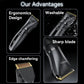 Black hair clipper with gold blade, close-up of cutting edge and washable body.
