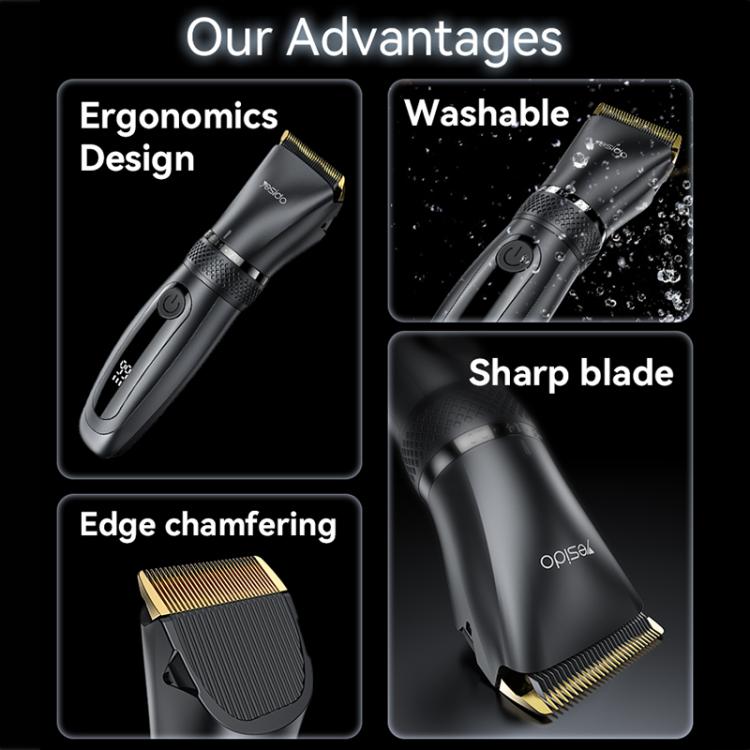 Black hair clipper with gold blade, close-up of cutting edge and washable body.
