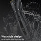 Black washable cordless hair clipper with gold blade, water droplets on body.