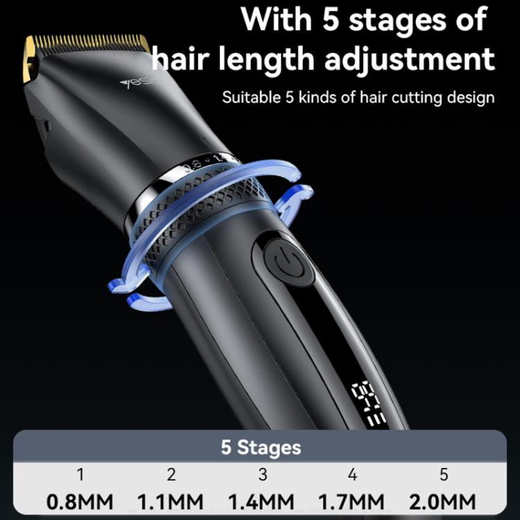 Black cordless hair clipper with gold blade and 5-stage length selector shown.