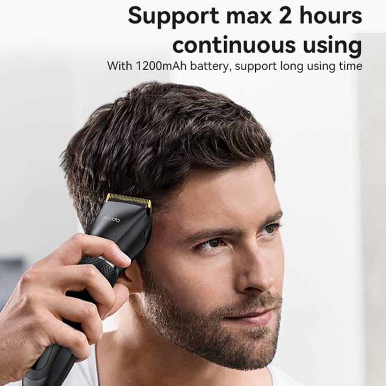 Black cordless hair clipper near hairline, gold blade and side power switch visible.
