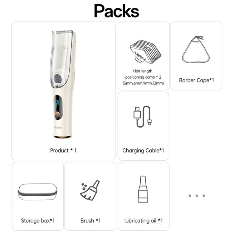 Yesido MG19 baby hair clipper kit with storage box, brush, charging cable, comb, and oil