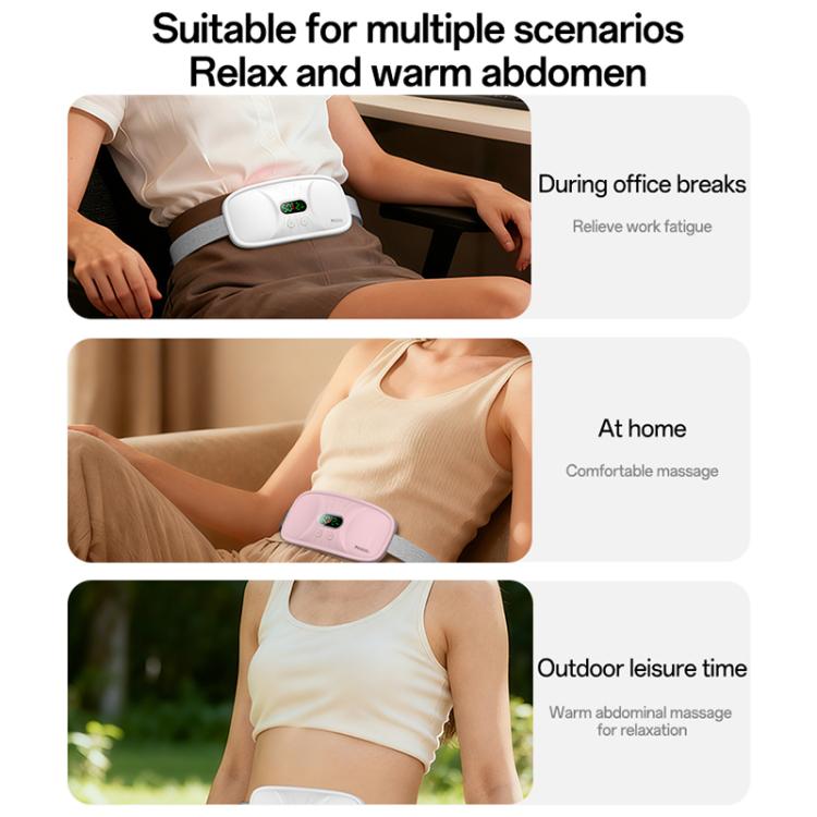 Massage and heating belt worn on the abdomen with gray strap and white pad