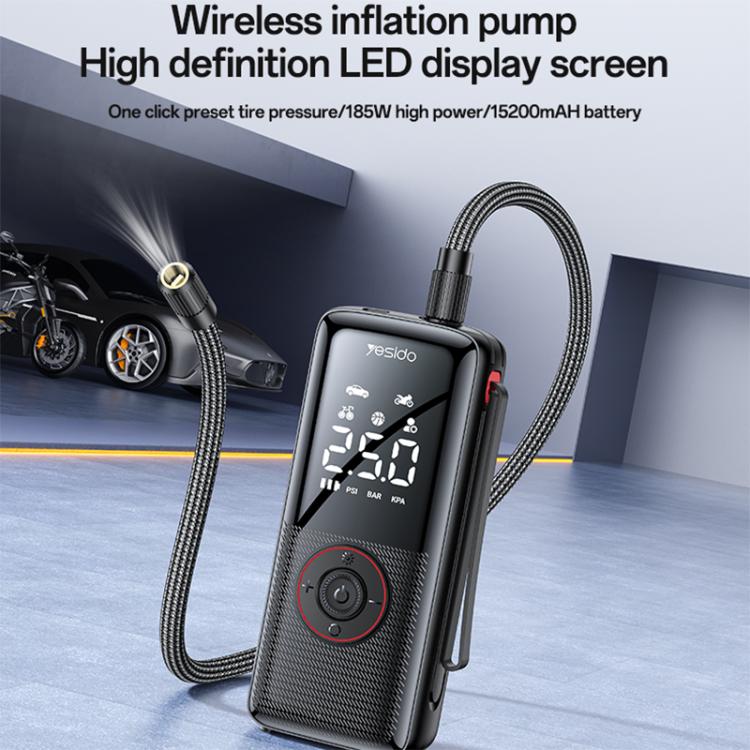 Yesido cordless car tire inflator with LED pressure screen and flexible hose