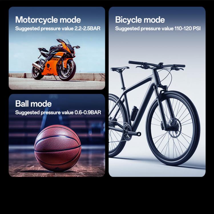 Inflation mode guide for motorcycle, bicycle, and ball with suggested pressure values