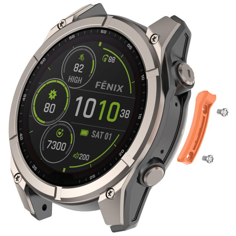 Garmin smartwatch with orange metal bumper side strip and screws shown detached.