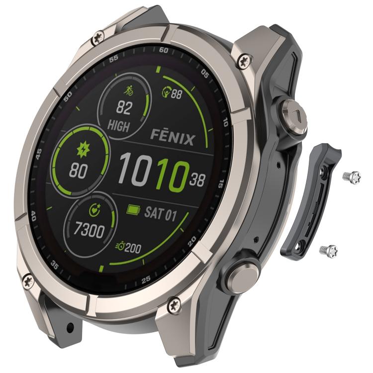 Garmin smartwatch with dark metal bumper side strip and screws shown detached.