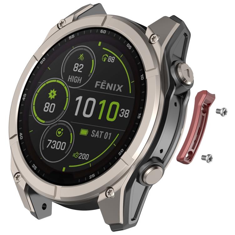 Metal watch bumper with silver-gray bezel and wine-red side guard, shown with screws.
