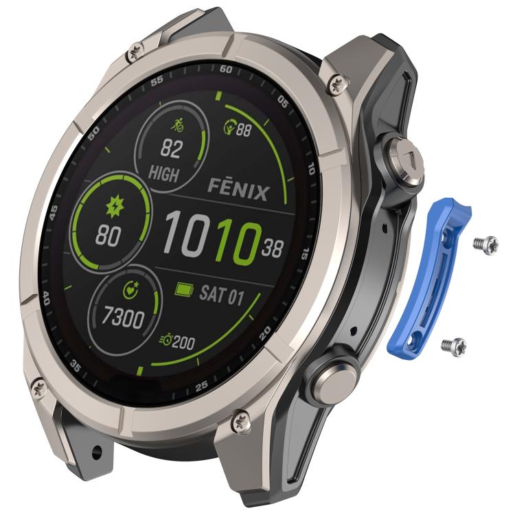 Blue metal watch bumper strip shown beside a Garmin watch with screws