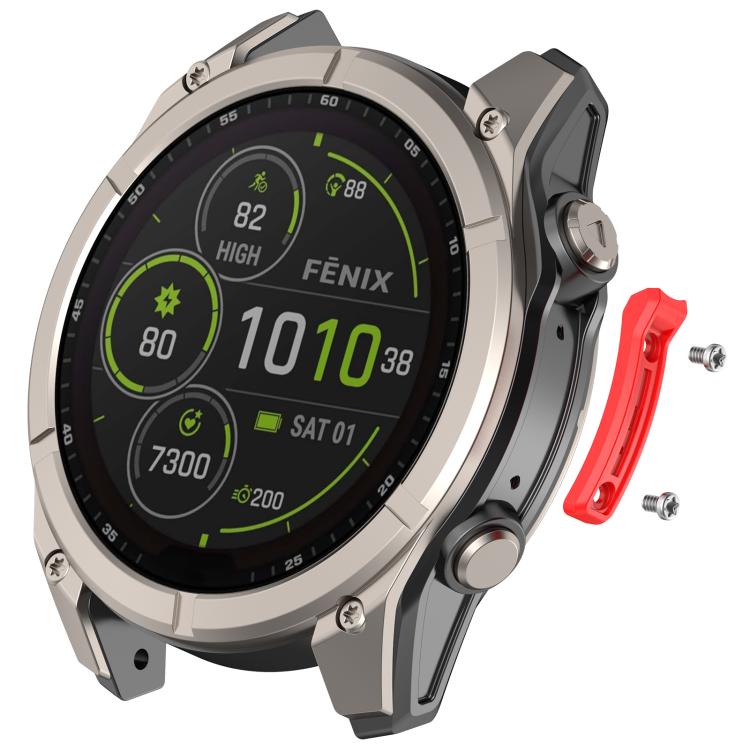 Metal watch bumper with silver-gray bezel and bright red side guard, shown with screws.