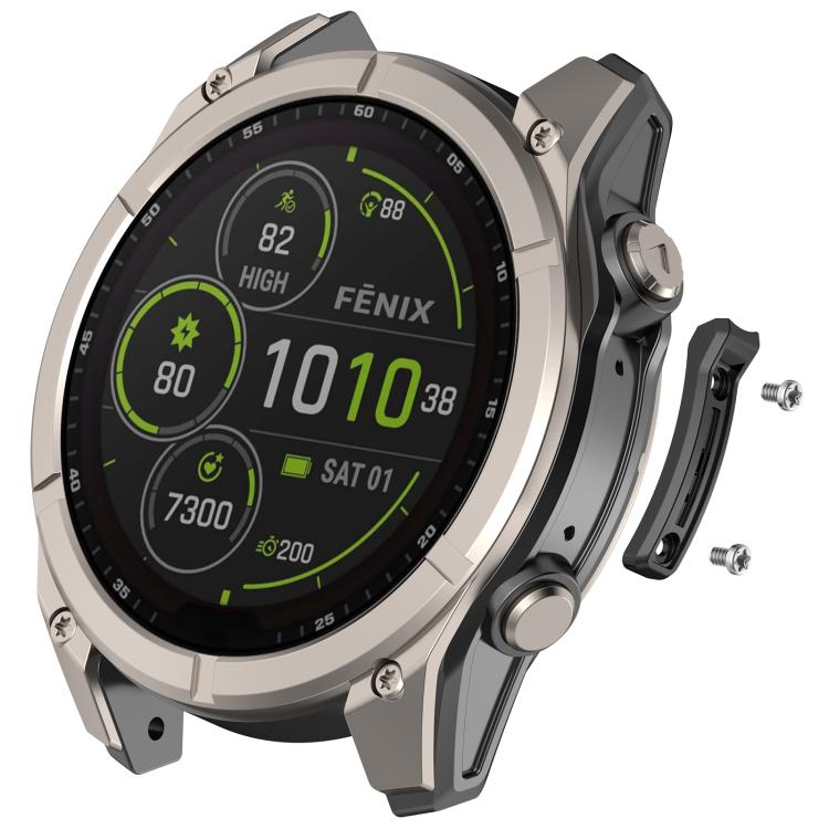 Gray metal smartwatch bumper fitted around a Garmin watch, with side strip and screws detached.