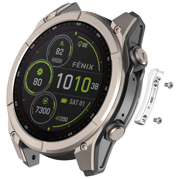Garmin smartwatch with silver metal bumper side strip and screws shown detached.