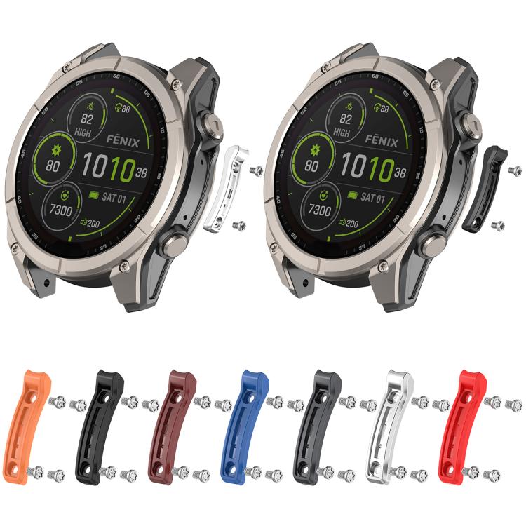 Metal watch bumper with interchangeable side guards in seven colors and mounting screws.