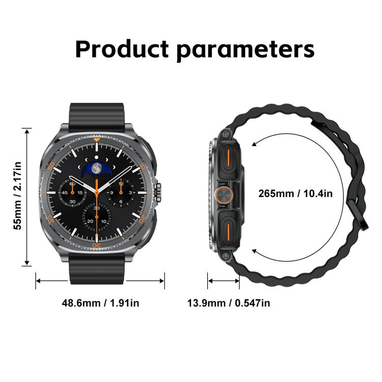 G99 smart sports watch with black strap, shown front and side with dimensions