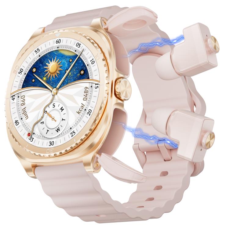 G99 smartwatch with pale pink band, gold-tone case and matching wireless earbuds
