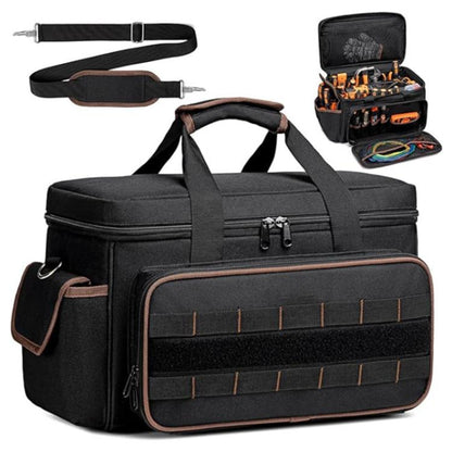 17-inch black oxford tool bag with brown trim, front organizer pockets, handle and strap