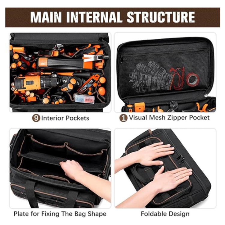 Tool bag interior with mesh zipper pocket and multiple organizer pockets, open layout