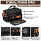 Black tool bag with front zipper pocket, webbing straps, and mesh pocket on the flap