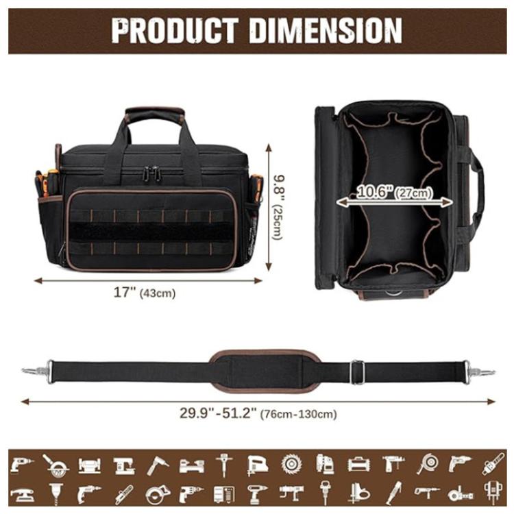 Black tool bag with product dimensions shown, top handle and side shoulder strap