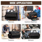 Black tool bag in use, front organizer panel and side carry handle for tools