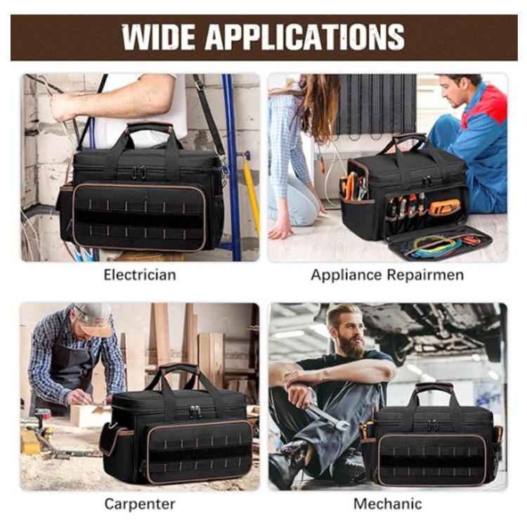 Black tool bag in use, front organizer panel and side carry handle for tools