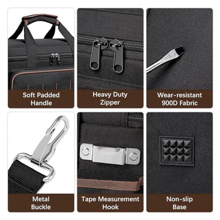 Tool bag features: padded handle, heavy-duty zipper, 900D fabric, metal buckle, non-slip base